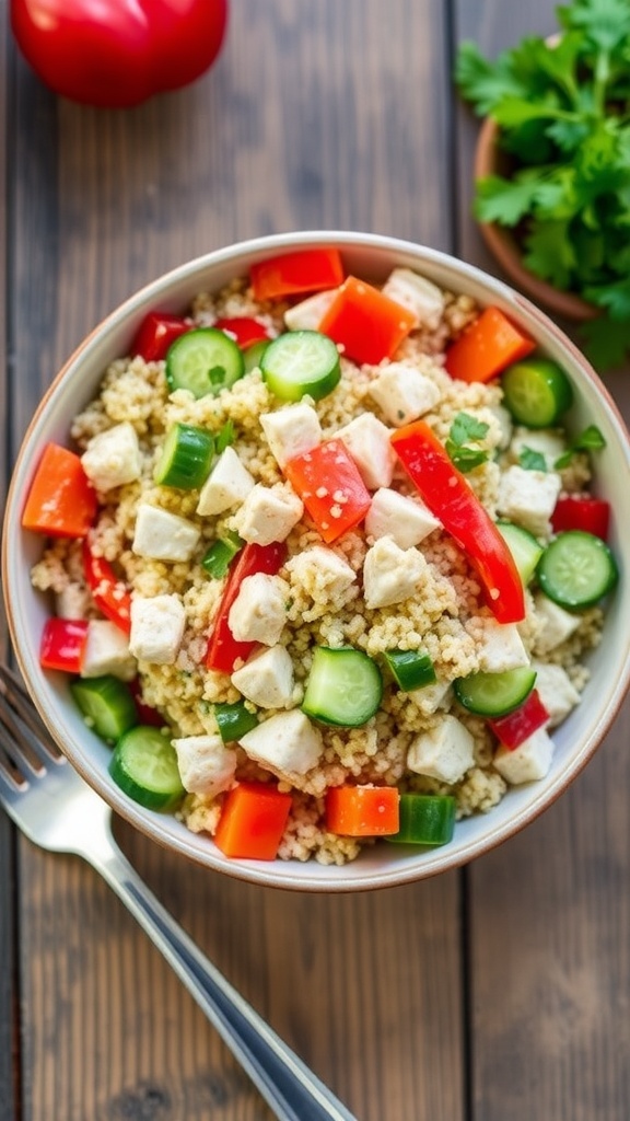 A colorful quinoa chicken salad with chicken, bell peppers, cucumbers, and parsley in a bowl on a wooden table.